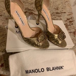 Manolo Blahnik Gold Embellished Open Toe Pump